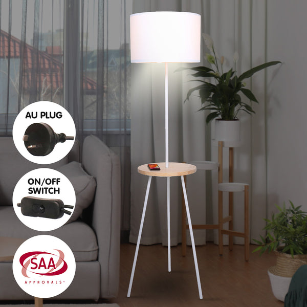 Sarantino Metal Tripod Floor Lamp Light Wooden Table Shelf White Drum Shade