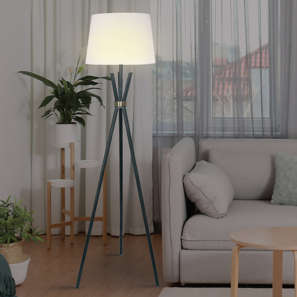 Sarantino Tripod Floor Lamp Light Black Metal Legs Brass Accent Off White Shade