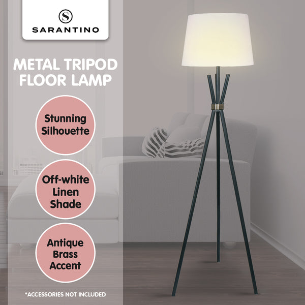 Sarantino Tripod Floor Lamp Light Black Metal Legs Brass Accent Off White Shade