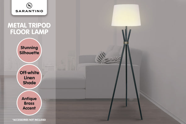 Sarantino Tripod Floor Lamp Light Black Metal Legs Brass Accent Off White Shade