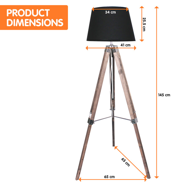 Sarantino Timber Wood Tripod Floor Lamp Light Adjustable Height Black