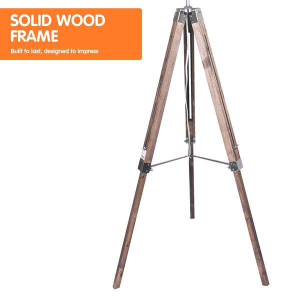 Sarantino Timber Wood Tripod Floor Lamp Light Adjustable Height Black