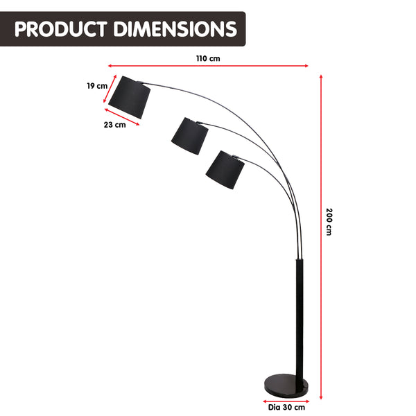 Sarantino 3 Light Lamp Shades Arc Floor Adjustable Metal Black 2M