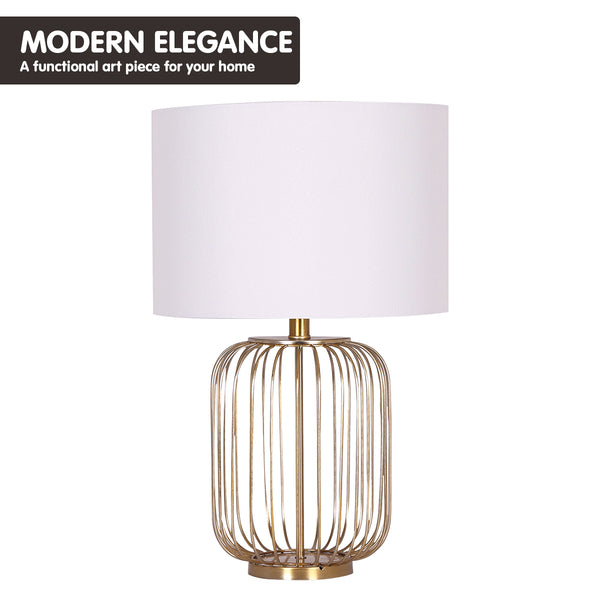 Sarantino Rose Gold Bedside Side Table Lamp Linen Drum Shade