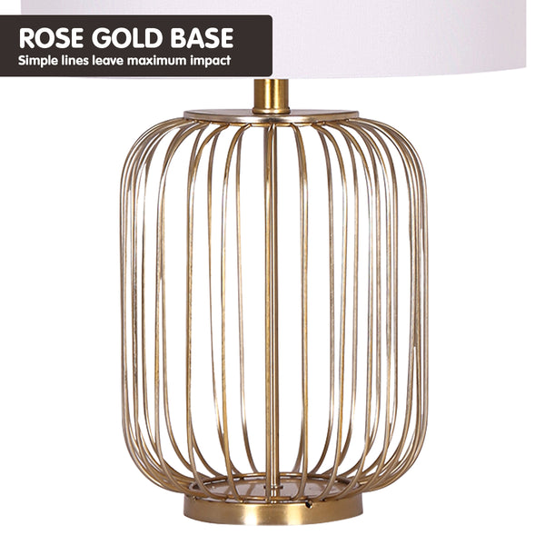 Sarantino Rose Gold Bedside Side Table Lamp Linen Drum Shade