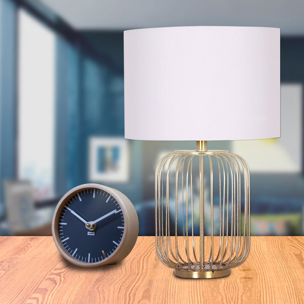 Sarantino Rose Gold Bedside Side Table Lamp Linen Drum Shade