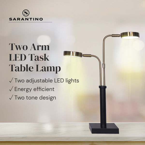 Sarantino LED Metal Table Desk Lamp Adjustable 2 Lights Brushed Gold Black