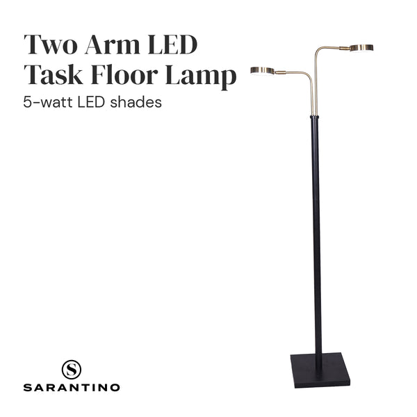 Sarantino LED Metal Floor Lamp Adjustable 2 Lights Brushed Gold Black Finish