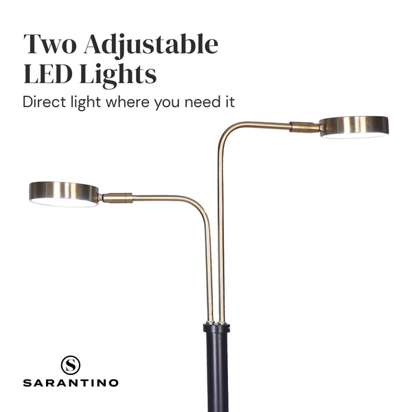 Sarantino LED Metal Floor Lamp Adjustable 2 Lights Brushed Gold Black Finish