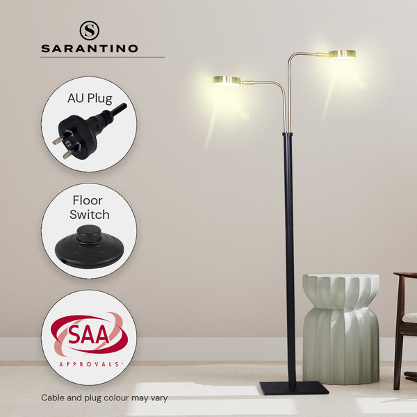 Sarantino LED Metal Floor Lamp Adjustable 2 Lights Brushed Gold Black Finish