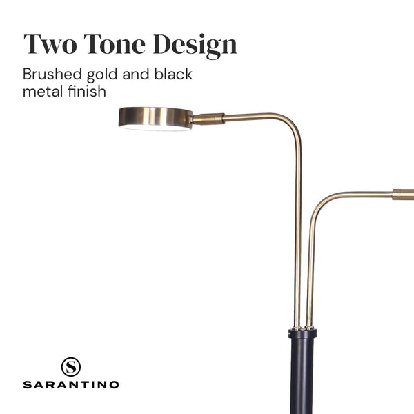 Sarantino LED Metal Floor Lamp Adjustable 2 Lights Brushed Gold Black Finish