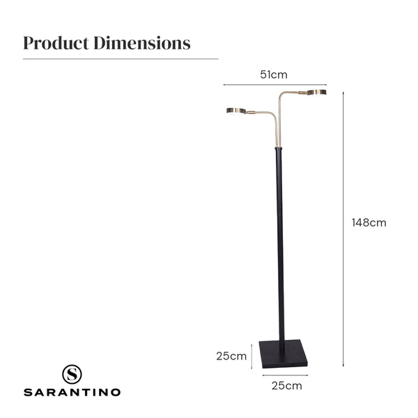 Sarantino LED Metal Floor Lamp Adjustable 2 Lights Brushed Gold Black Finish