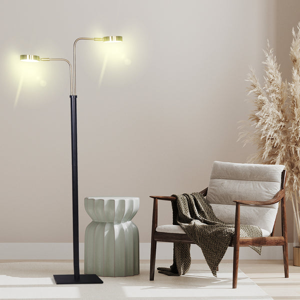 Sarantino LED Metal Floor Lamp Adjustable 2 Lights Brushed Gold Black Finish