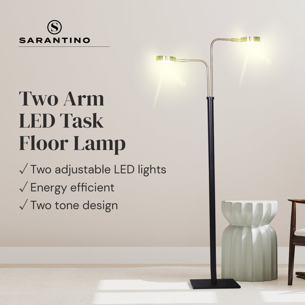 Sarantino LED Metal Floor Lamp Adjustable 2 Lights Brushed Gold Black Finish