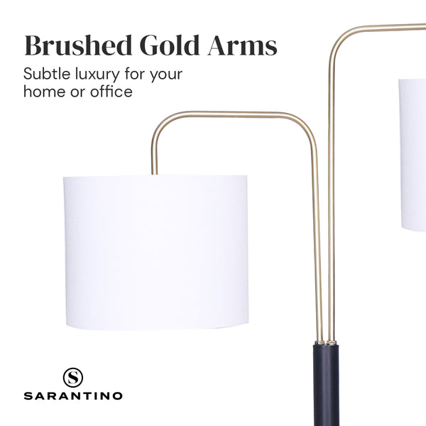 Sarantino Floor Lamp Light Black Brass Finish White Linen Drum Twin Shades