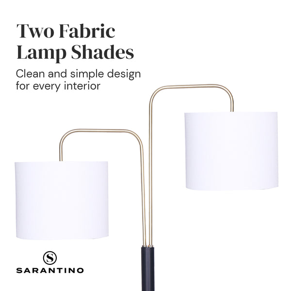 Sarantino Floor Lamp Light Black Brass Finish White Linen Drum Twin Shades