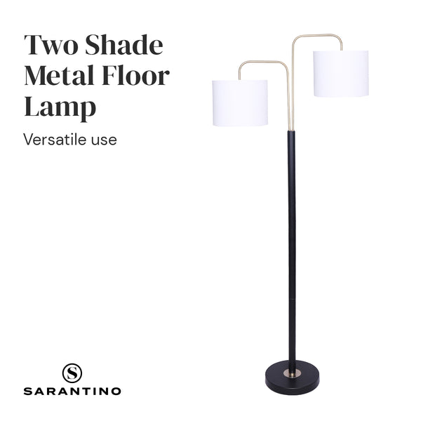 Sarantino Floor Lamp Light Black Brass Finish White Linen Drum Twin Shades