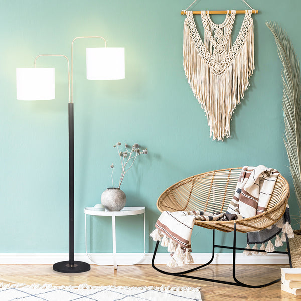 Sarantino Floor Lamp Light Black Brass Finish White Linen Drum Twin Shades