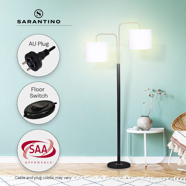 Sarantino Floor Lamp Light Black Brass Finish White Linen Drum Twin Shades