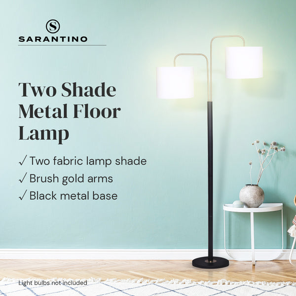 Sarantino Floor Lamp Light Black Brass Finish White Linen Drum Twin Shades