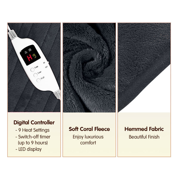 Laura Hill Heated Electric Throw Blanket Coral Fleece 9 Settings Grey 160 x 130cm