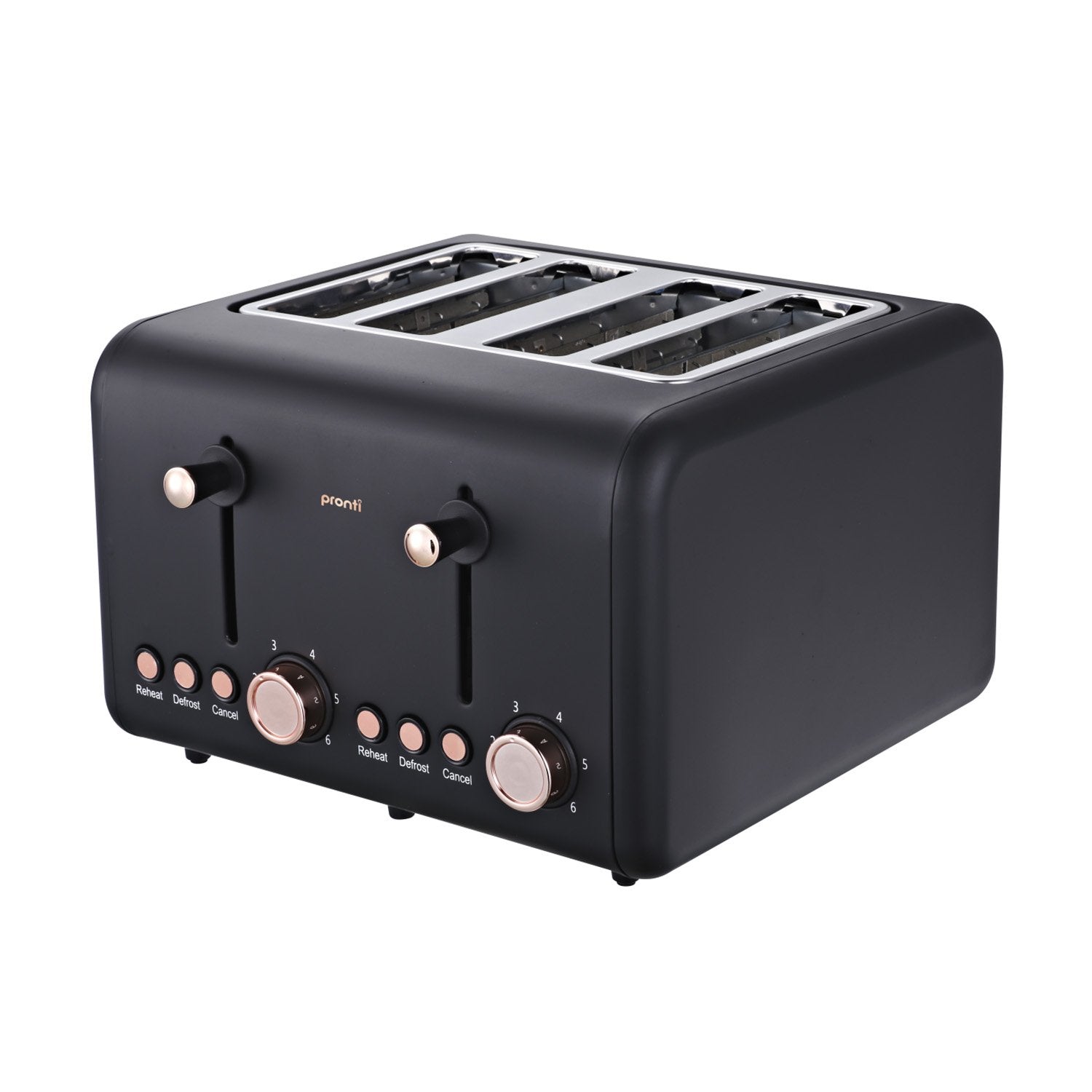 Pronti 4 Slice Toaster Rose Trim Collection 6 Settings Reheat Defrost 1500W Black