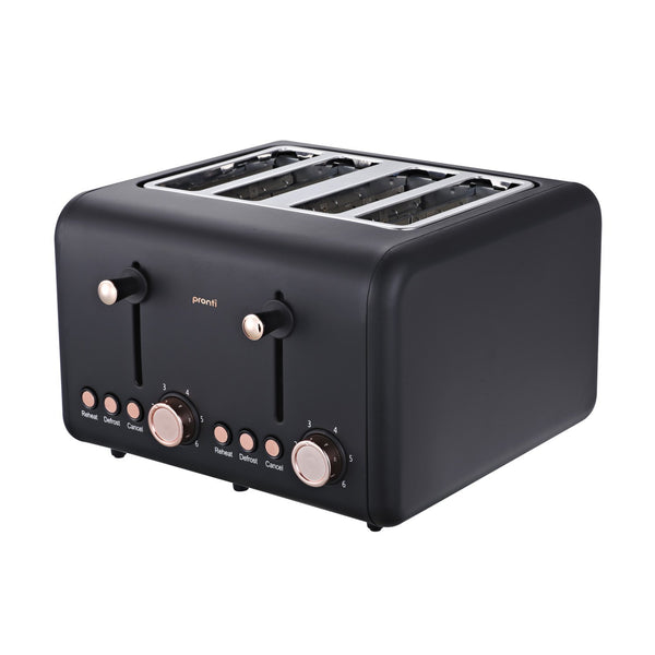Pronti 4 Slice Toaster Rose Trim Collection 6 Settings Reheat Defrost 1500W Black