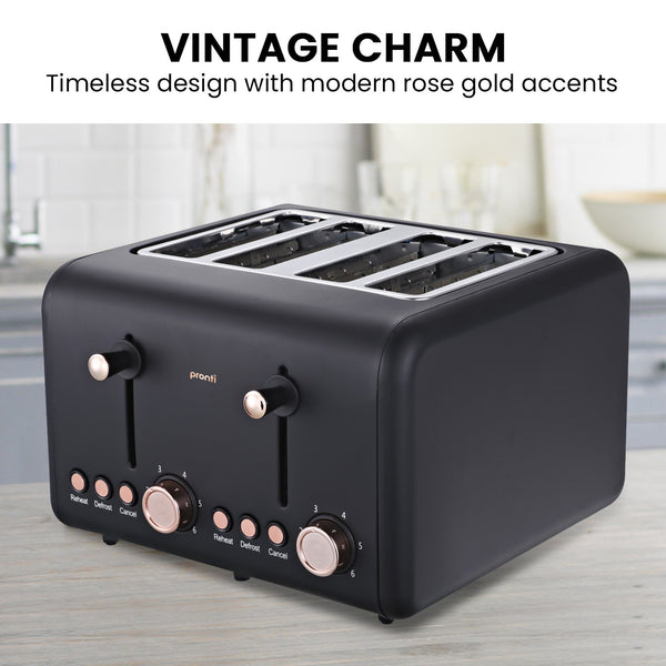 Pronti 4 Slice Toaster Rose Trim Collection 6 Settings Reheat Defrost 1500W Black