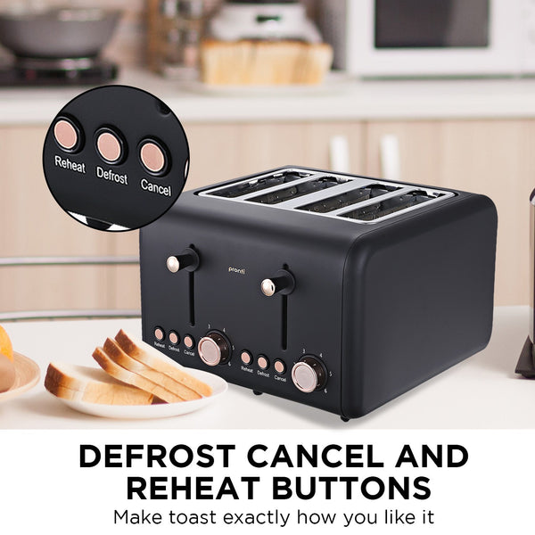 Pronti 4 Slice Toaster Rose Trim Collection 6 Settings Reheat Defrost 1500W Black