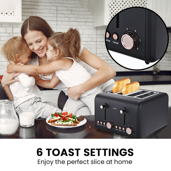 Pronti 4 Slice Toaster Rose Trim Collection 6 Settings Reheat Defrost 1500W Black