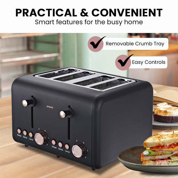 Pronti 4 Slice Toaster Rose Trim Collection 6 Settings Reheat Defrost 1500W Black
