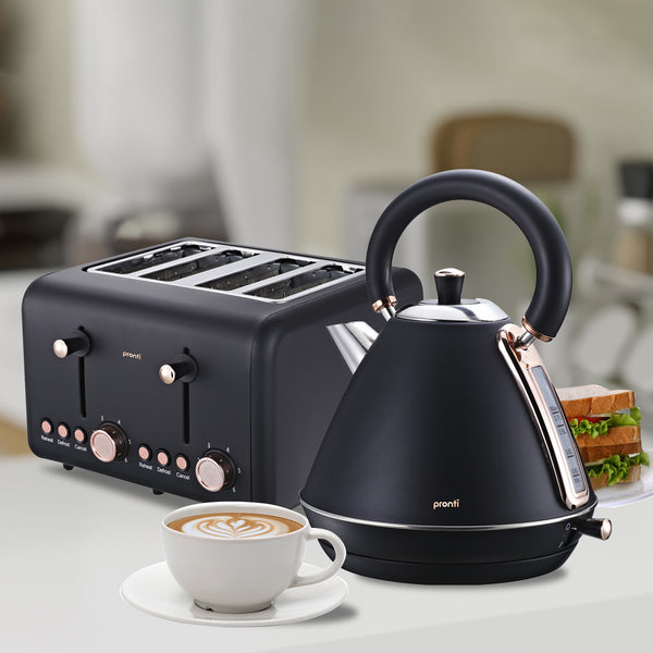 Pronti 4 Slice Toaster Rose Trim Collection 6 Settings Reheat Defrost 1500W Black