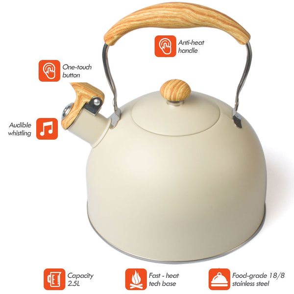 2.5L Whistling Kettle Stainless Steel Modern Cooker Stovetop Cream
