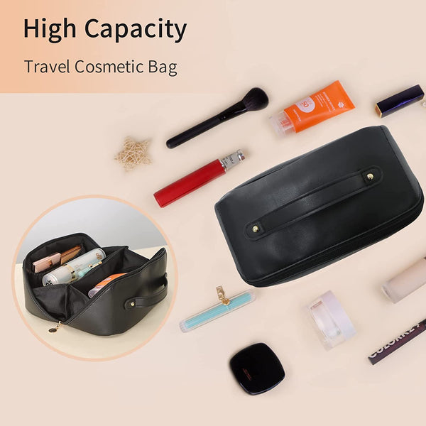 Large Travel Cosmetic Make up Makeup Bag Waterproof PU Leather Black