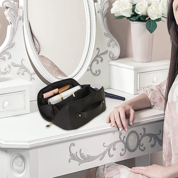 Large Travel Cosmetic Make up Makeup Bag Waterproof PU Leather Black
