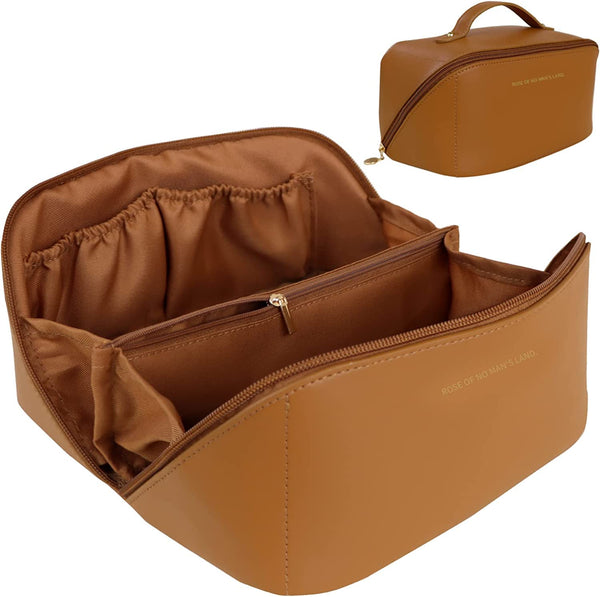 Large Travel Cosmetic Make up Makeup Bag Waterproof PU Leather Brown