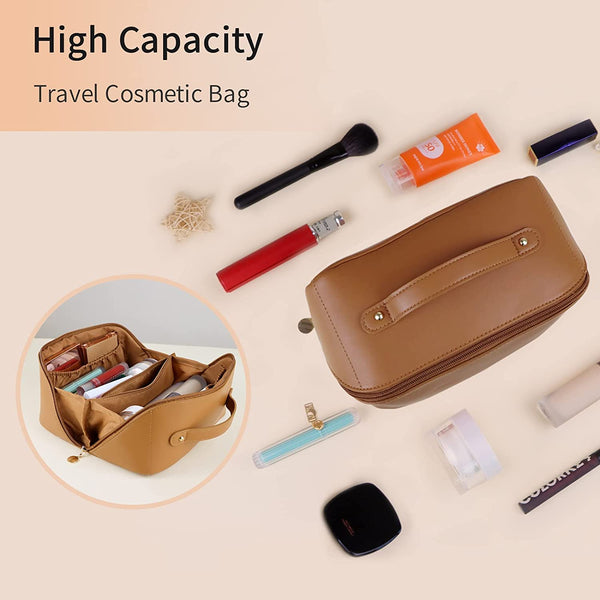 Large Travel Cosmetic Make up Makeup Bag Waterproof PU Leather Brown