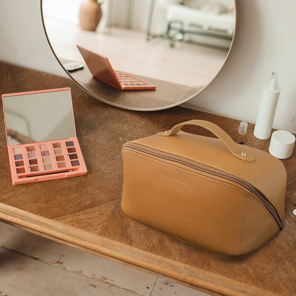 Large Travel Cosmetic Make up Makeup Bag Waterproof PU Leather Brown