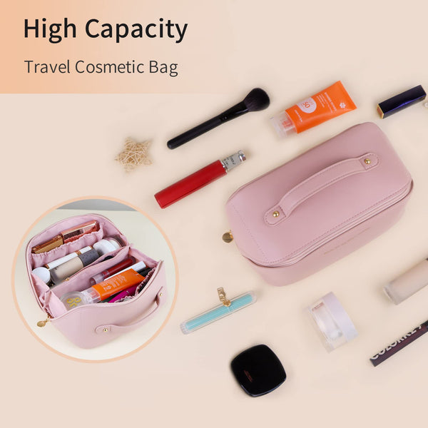Large Travel Cosmetic Make up Makeup Bag Waterproof PU Leather Pink