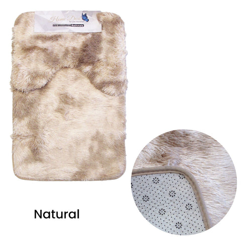 2 Piece Microfibre Shaggy Fluffy Bath Toilet Mat Set Natural