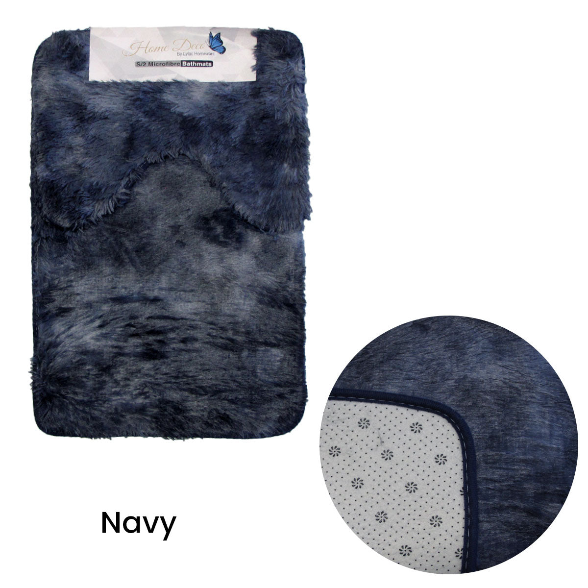 2 Piece Microfibre Shaggy Fluffy Bath Toilet Mat Set Navy Blue
