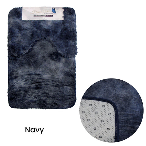 2 Piece Microfibre Shaggy Fluffy Bath Toilet Mat Set Navy Blue