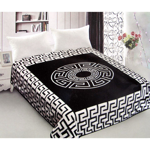 Greek Key Reversible Mink 800gsm Blanket Throw Rug Black White Queen
