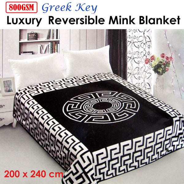 Greek Key Reversible Mink 800gsm Blanket Throw Rug Black White Queen