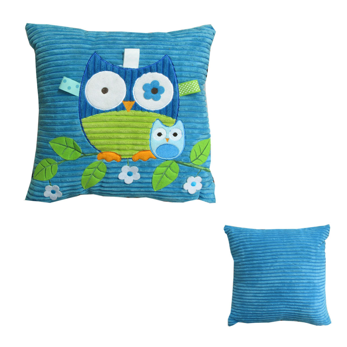 Tamarr Corduroy Blue Owl Embroidered Applique 35cm Square Filled Cushion