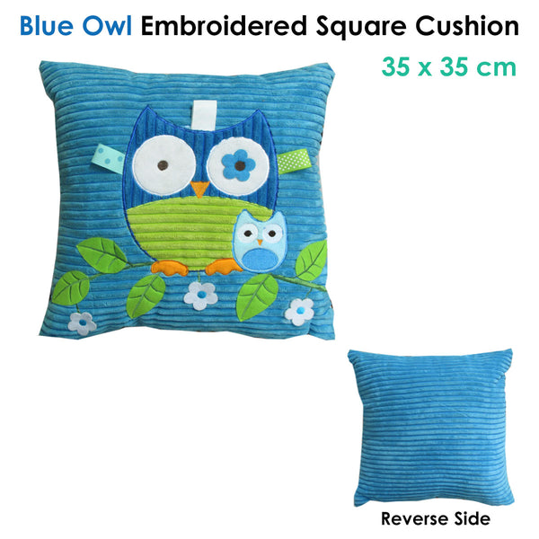 Tamarr Corduroy Blue Owl Embroidered Applique 35cm Square Filled Cushion