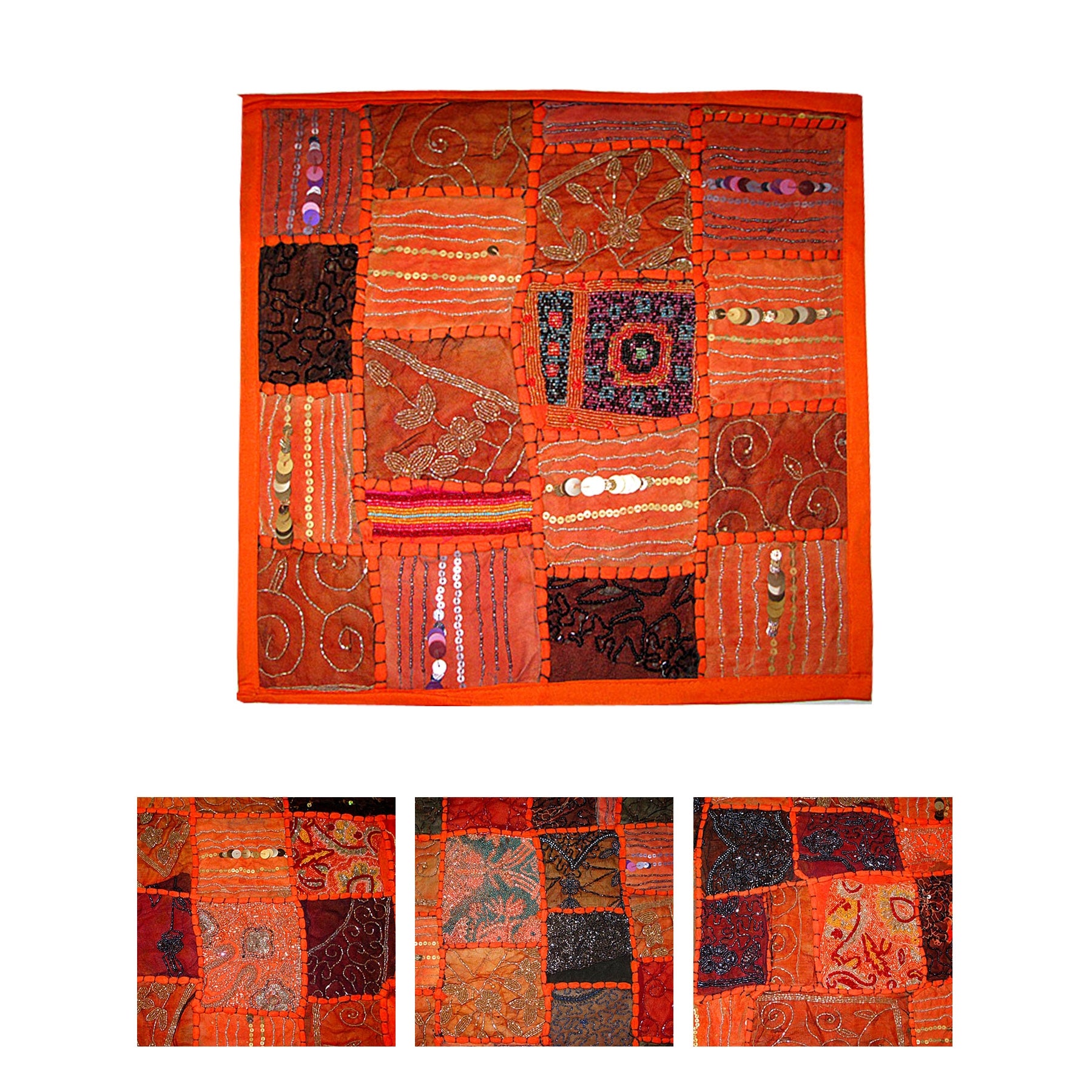 Patchwork Beaded Embroidered Applique Cushion Cover 45cm Square Orange