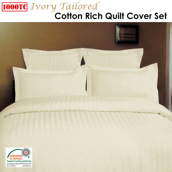 Self Striped 1000TC Cotton Rich Quilt Doona Duvet Cover Set Ivory King