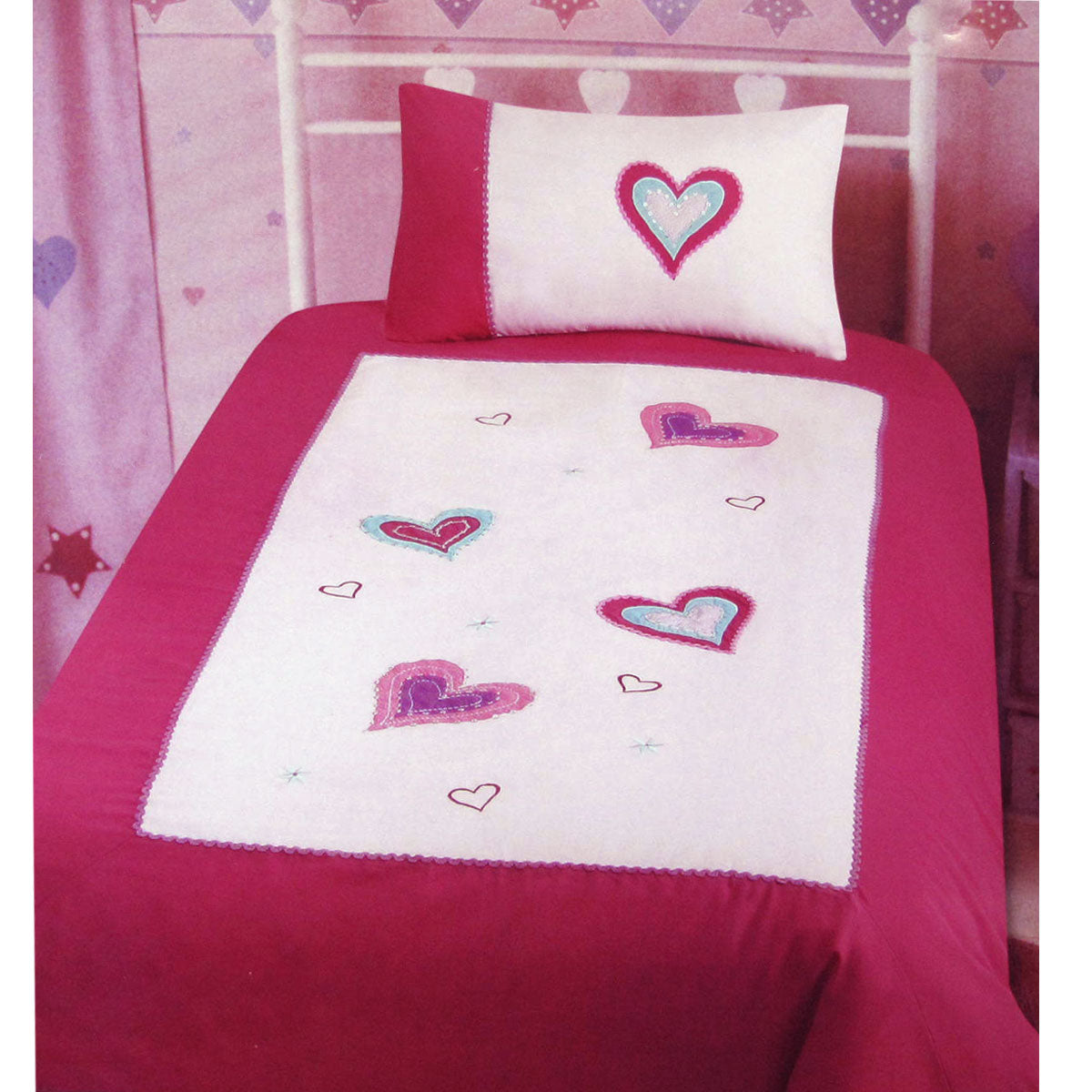 Amia Hearts Embroidered Quilt Doona Duvet Cover Set Pink Single