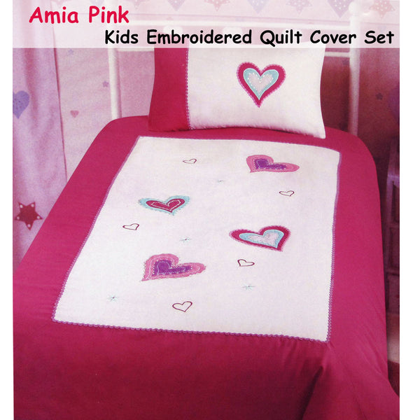 Amia Hearts Embroidered Quilt Doona Duvet Cover Set Pink Single